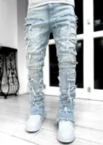 Men Trousers Individual Patched Pants Long Tight Fit Stacked Jeans For Mens Clothing - Image 5